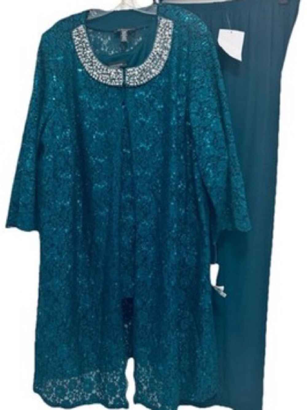R&M Richards Teal Lace Jacket with Jeweled Collar and Matching Pants
